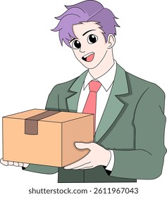 Cartoon illustration of a young male businessman in a suit, smiling while holding a cardboard package.