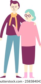 Cartoon illustration of a young male caregiver embracing an elderly woman, providing comfort, assistance, and companionship in a heartwarming depiction of intergenerational bonding