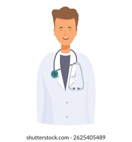 Cartoon illustration of a young male doctor smiling confidently, wearing a stethoscope and lab coat