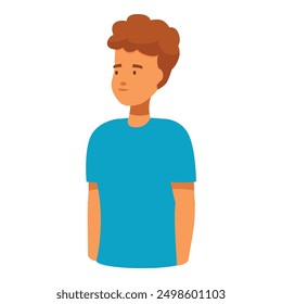 Cartoon illustration of a young man with brown hair wearing a blue t shirt, looking away in thought