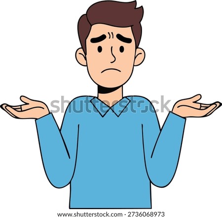 A cartoon illustration of a young man with brown hair and a blue shirt shrugging his shoulders, indicating confusion or uncertainty. His eyebrows are furrowed, and his mouth is downturned in a clear expression of bewilderment.