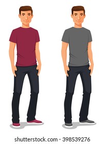 cartoon illustration of a young man in casual clothes. Handsome student or young adult in jeans, isolated on white.