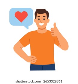 Ilustração em desenho animado de um jovem dando um polegar para cima enquanto está com uma mão em seu quadril. Uma bolha de fala com um coração dentro flutua ao lado dele.
