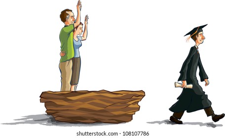 Cartoon illustration of a young man in graduation robes walking away from a giant nest while his middle aged parents stand inside waving goodbye.