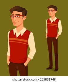 cartoon illustration of a young man in hipster fashion. Handsome guy in glasses, with hands in pockets. Cartoon character. Vector eps file.