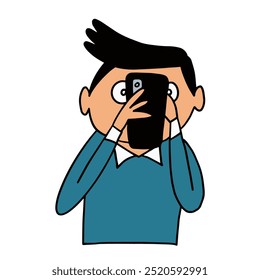 A cartoon illustration of a young man holding a smartphone to take a selfie, showcasing modern technology and social media culture