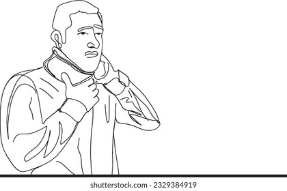Cartoon Illustration of Young Man with Neck Spine Head Trauma in Continuous Outline Sketch, Support and Healing, njury Rehabilitation, Recovering from Injury