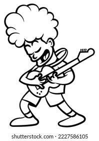 Cartoon illustration of Young man perform a rock music at street with electric guitar. Best for Outline, logo, and coloring book with musical themes