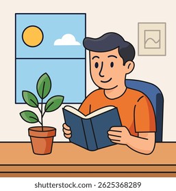 Cartoon illustration of a young man reading a book at a desk by the window. The character is smiling and relaxed, with a small potted plant and a sunny sky outside. Ideal for concepts of education, re