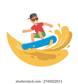 A cartoon illustration of a young man in sunglasses and a cap surfing on a blue surfboard, riding a yellow wave.