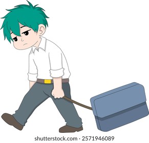 A cartoon illustration of a young man with teal hair, walking dejectedly and dragging a suitcase, symbolizing unemployment or being fired