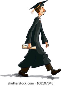 Cartoon illustration of a young man walking in graduation robes holding a diploma. Profile view, isolated on white.