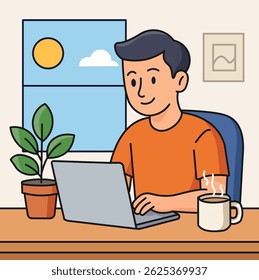 Cartoon illustration of a young man working on a laptop at home. He is sitting at a desk with a cup of hot coffee and a potted plant, near a sunny window. Perfect for concepts like remote work, freela