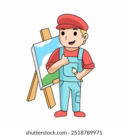 Ilustración de dibujos animados de un joven pintor pintando un paisaje. Diseño de personajes de concepto de escuela de arte