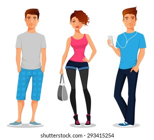 cartoon illustration of young people. Beautiful woman and young men in casual street fashion, using cell phone. Isolated on white.