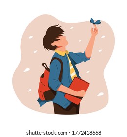 Cartoon illustration of young people bring books when going to school and touch butterfly, back to school, return to new school and university. vector