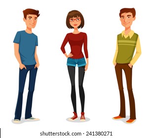 cartoon illustration of young people in casual clothes. Students or group of friends, isolated on white.