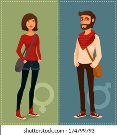 cartoon illustration of young people in hipster fashion clothes. Beautiful girl and handsome guy, students or young adults in street fashion.