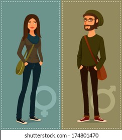 cartoon illustration of young people in hipster fashion style. Beautiful girl and handsome guy, students or young adults in street fashion.
