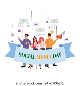 Cartoon illustration of young people using cellphones and announcing about Social Media Day. Celebrating Social Media Day