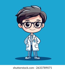 Cartoon illustration of a young scientist with black glasses, wearing a white lab coat and blue pants, standing with hands in his pockets.