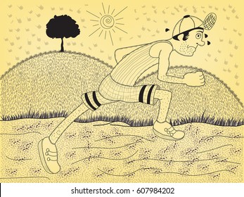 Cartoon Illustration of a young sport man running in nature.