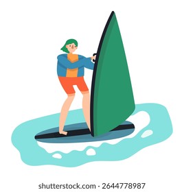 Cartoon illustration of a young windsurfer holding the sail with his hands, standing on a board in the sea, practicing extreme sports and enjoying summer vacation