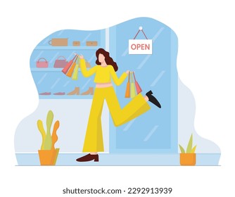 Cartoon Illustration Young woman after shopping with shopping bag walking in a store selling shoes, bags, and other women's supplies