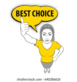 Cartoon Illustration of a Young Woman Giving a Thumbs Up. Best Choice