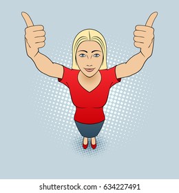 Cartoon Illustration of a Young Woman Making Thumbs up Sign with Both Hands