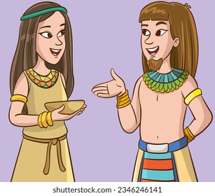 Ilustración de caricatura de una joven mujer y un hombre con traje tradicional del antiguo Egipto