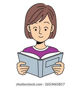 Ilustração em desenho animado de uma jovem mulher lendo um livro. Linhas simples e limpas e cores brilhantes. Foco na educação, aprendizagem e lazer. Positivo e convidativo.
