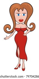 Cartoon illustration of a young woman in red dress