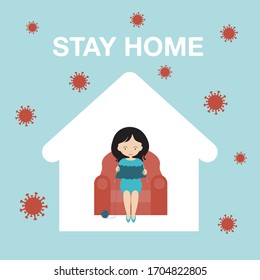 Cartoon illustration of a young woman safe at home. They sit in a chair and knit. Isolation and quarantine protect against the pandemic Covid vector virus