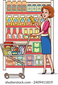 Cartoon illustration of a young woman shopping in a grocery store.