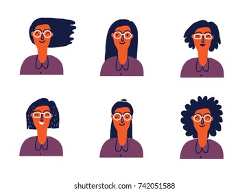 Cartoon illustration of a young woman with the various hairstyle. Facial expression. Vector illustration.