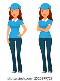 desenho animado ilustração de uma jovem mulher vestindo courier azul ou fast food uniforme e boné, sorrindo e de pé com os braços cruzados. Auxiliar ou trabalhador de serviço ao cliente amigável. Isolado no branco.