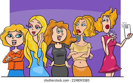 Cartoon illustration of young women comic characters group