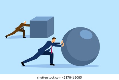 Cartoon illustration of younger businessman pushing a sphere leading the race against older businessmen pushing box, winning strategy, efficiency, innovation in business concept