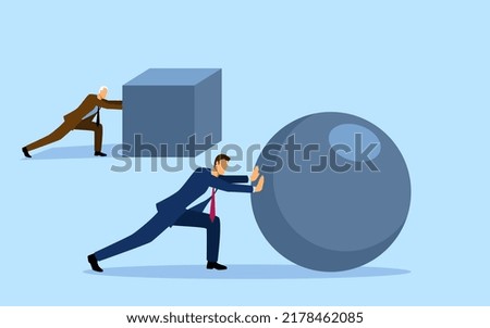 Cartoon illustration of younger businessman pushing a sphere leading the race against older businessmen pushing box, winning strategy, efficiency, innovation in business concept