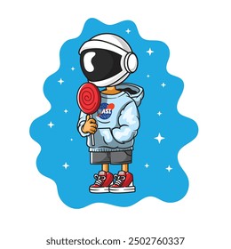 Cartoon Illustration of a Youth Wearing an Astronaut Helmet, Hoodie, and Holding a Lollipop with Space Background