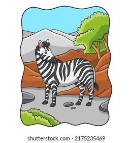 cartoon illustration zebra walking in the forest under the mountain and looking back