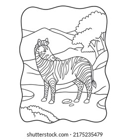 cartoon illustration zebra walking in the forest under the mountain and looking back book or page for kids black and white