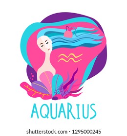 Cartoon illustration of zodiac sign Aquarius as a beautiful woman. Horoscope for girl.