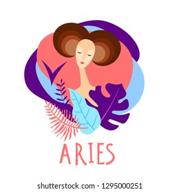 Cartoon illustration of zodiac sign Aries as a beautiful woman. Horoscope for girl.