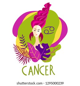 Cartoon illustration of zodiac sign Cancer as a beautiful woman. Horoscope for girl.