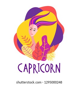 Cartoon illustration of zodiac sign Capricorn as a beautiful woman. Horoscope for girl.