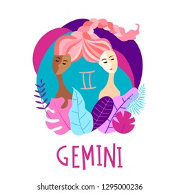 Cartoon illustration of zodiac sign Gemini as a beautiful woman. Horoscope for girl.