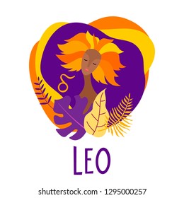 Cartoon illustration of zodiac sign Leo as a beautiful woman. Horoscope for girl.