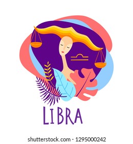 Cartoon illustration of zodiac sign Libra as a beautiful woman. Horoscope for girl.